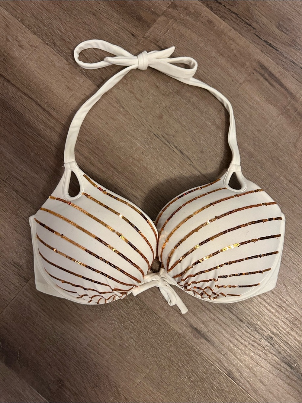 Victoria's Secret White Bikini Top with Gold Sequin Stripes